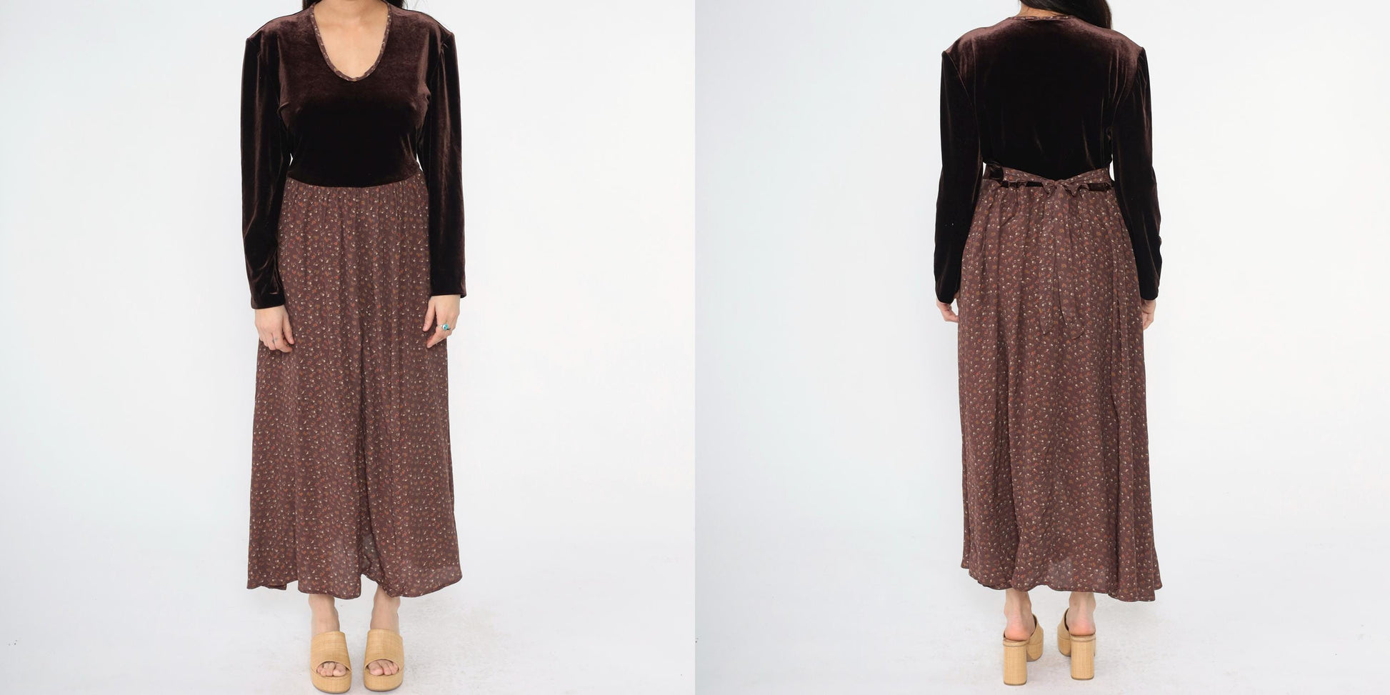 90s Zoe California Floral Velvet Maxi Dress Brown Scoop Neck High Waist Extra Large
