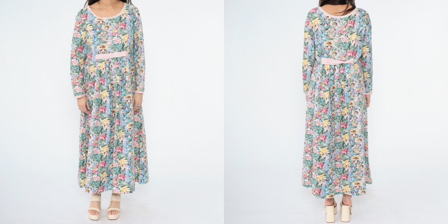 90s Floral Maxi Dress Flower Child Print Empire Waist Long Sleeve Medium Large