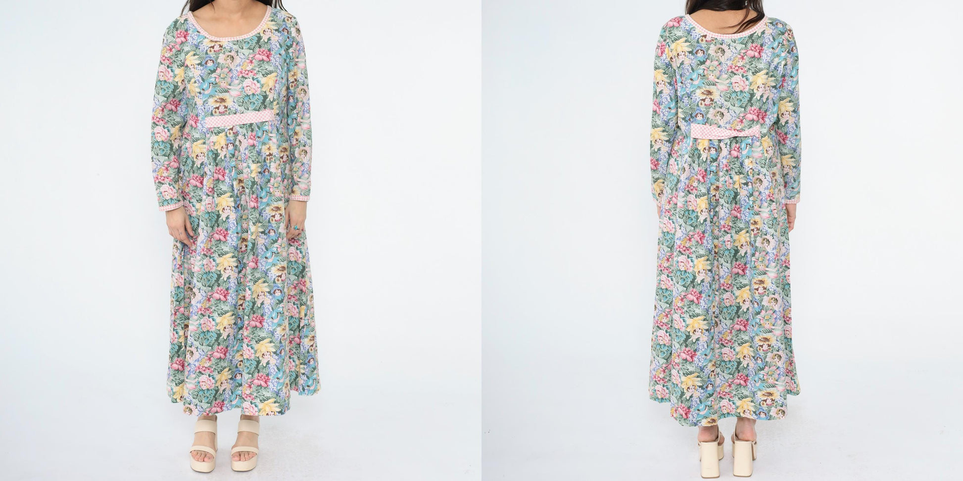 90s Floral Maxi Dress Flower Child Print Empire Waist Long Sleeve Medium Large