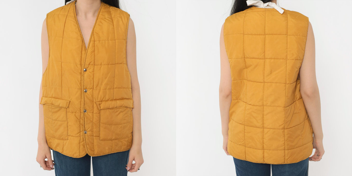 70s Western Trails Mustard Puffer Vest Quilted Faux Sherpa Lined Snap Medium