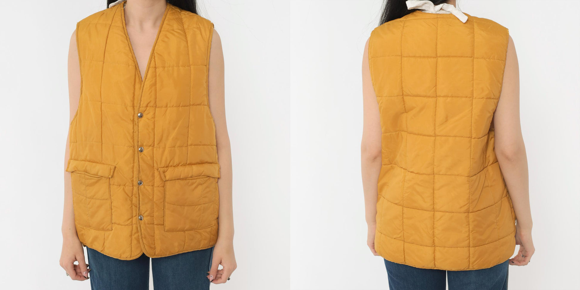 70s Western Trails Mustard Puffer Vest Quilted Faux Sherpa Lined Snap Medium