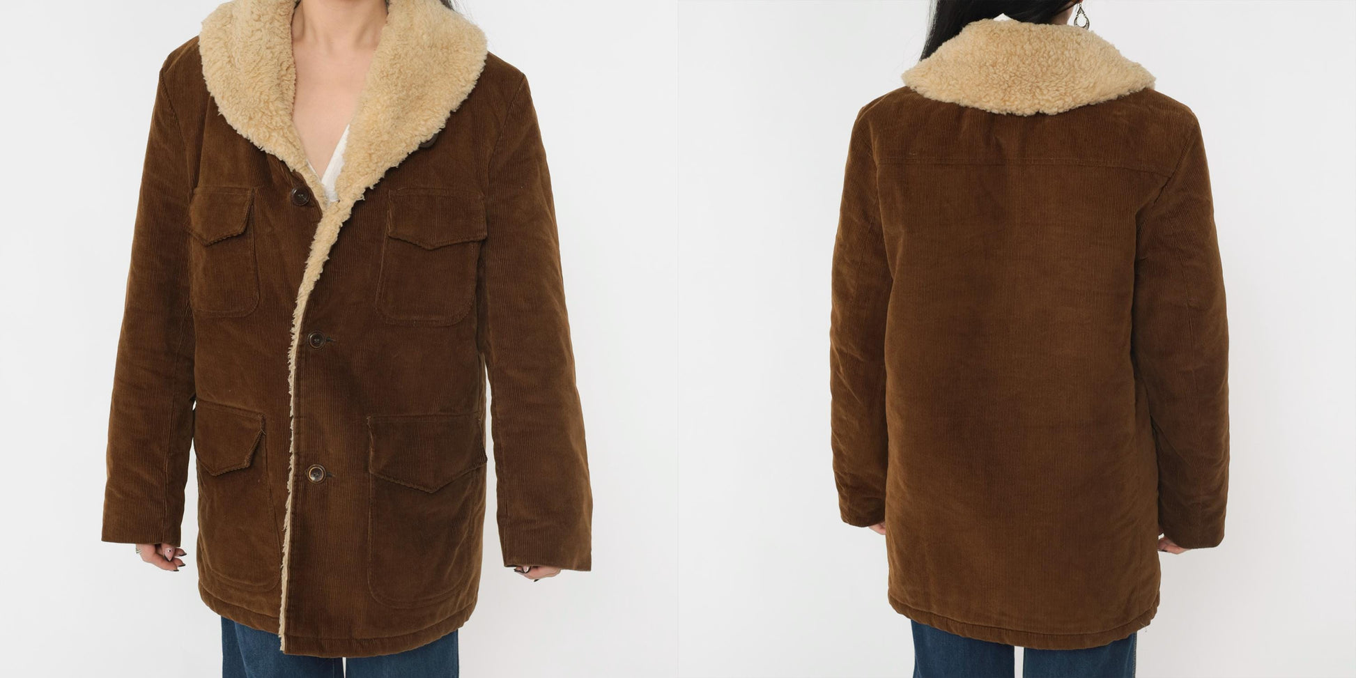 70s Brown Corduroy Sherpa Jacket Men's Collared Button-Up Medium