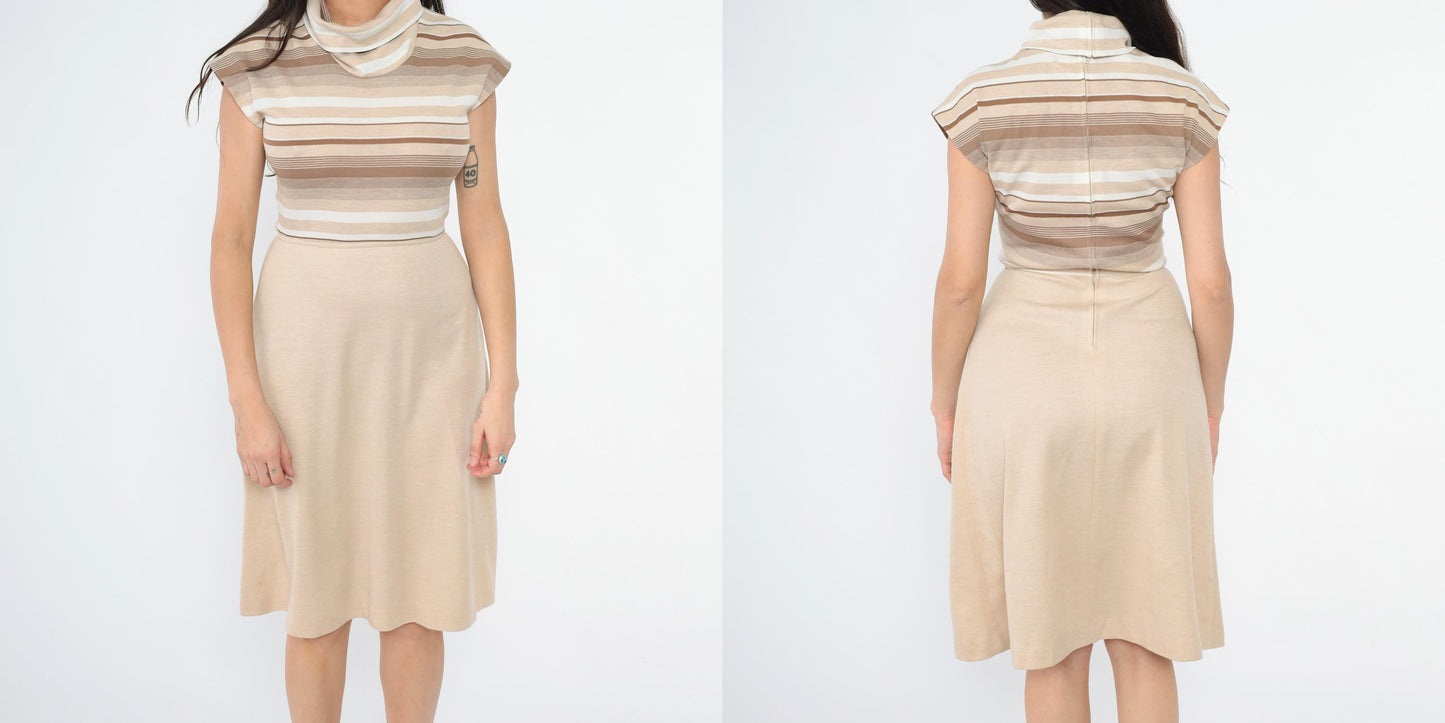 70s Tan Stripe Knit Dress Cowl Neck Cap Sleeve High Waist A-Line Small