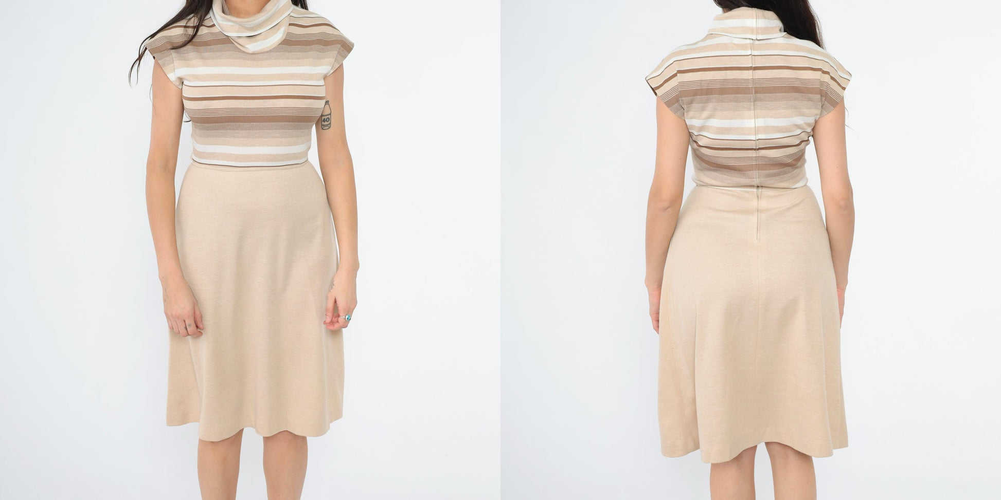 70s Tan Stripe Knit Dress Cowl Neck Cap Sleeve High Waist A-Line Small