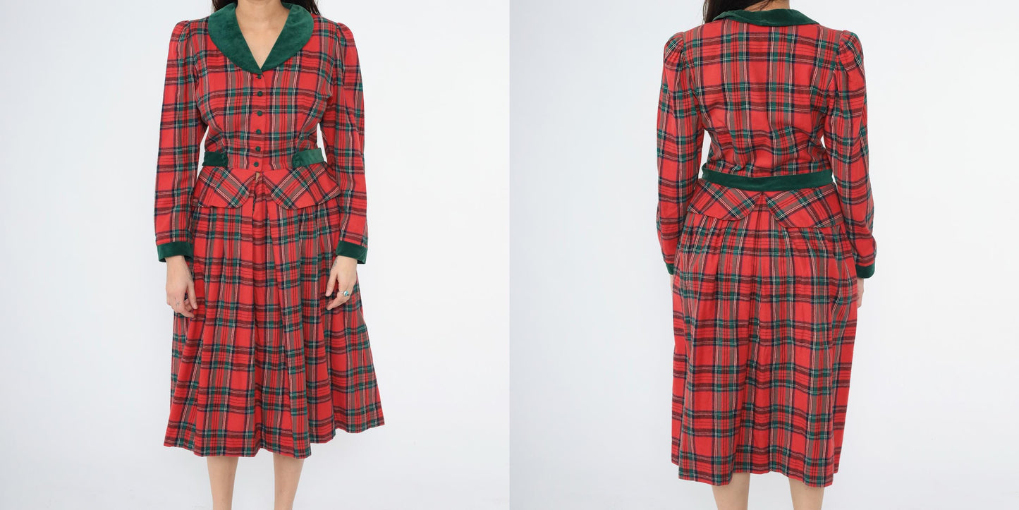 80s Lanz Originals Red Tartan Velvet Trim Peplum Midi Dress Medium 8