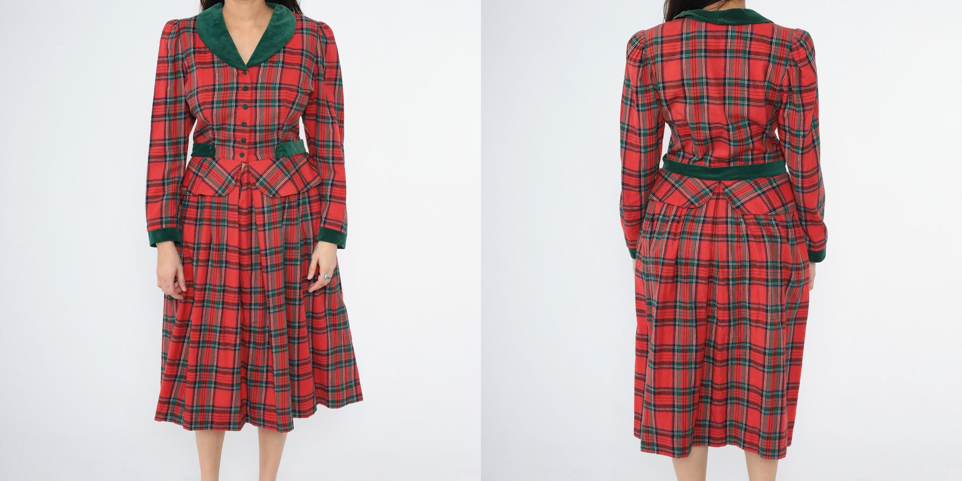 80s Lanz Originals Red Tartan Velvet Trim Peplum Midi Dress Medium 8