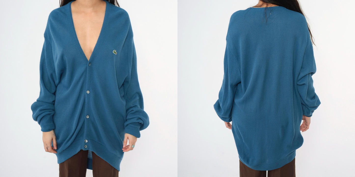 80s Izod Lacoste Blue Cardigan Sweater Crocodile Logo Knit Extra Large XL