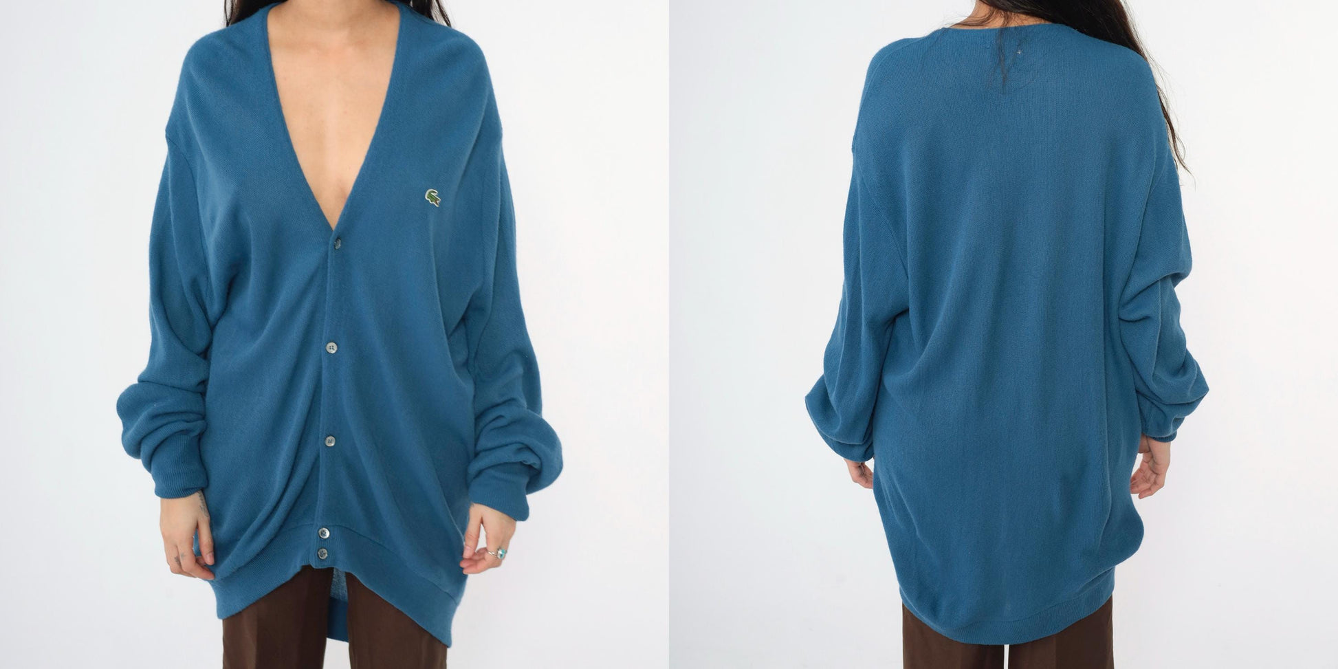 80s Izod Lacoste Blue Cardigan Sweater Crocodile Logo Knit Extra Large XL