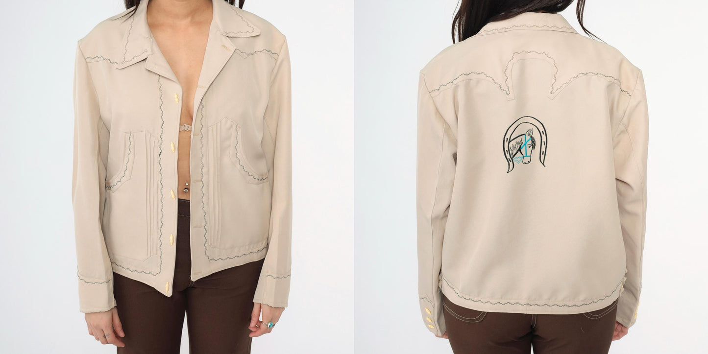 70s Western Jacket Beige Embroidered Horse Toggle Button Menswear Large