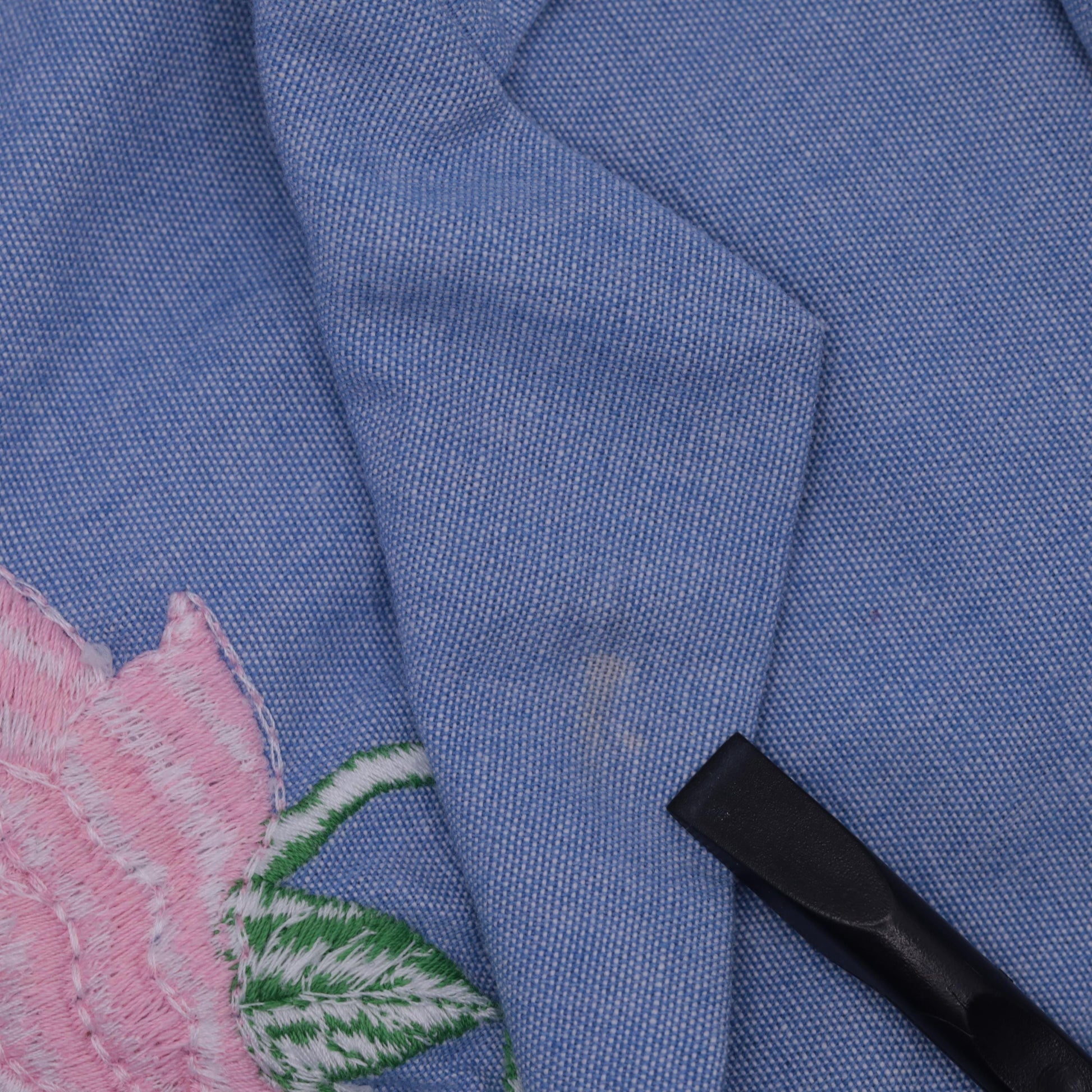80s Blue Floral Embroidered Blouse Puff Sleeve Button-Up Pink Roses Medium