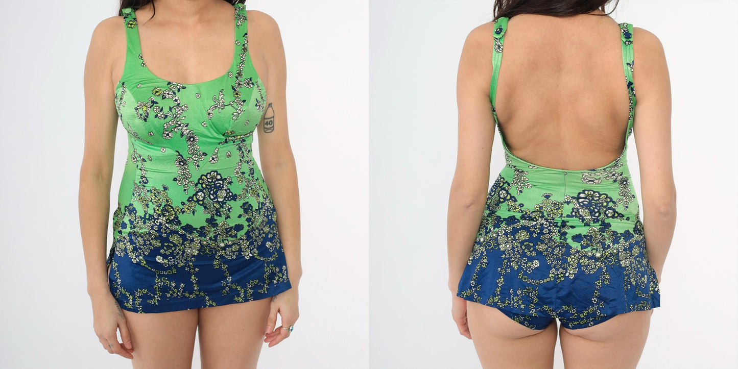 70s Psychedelic Floral One-Piece Swimsuit Blue Green Skirted Scoop Back Small Medium