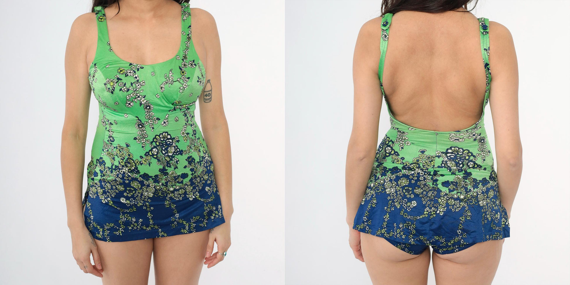 70s Psychedelic Floral One-Piece Swimsuit Blue Green Skirted Scoop Back Small Medium