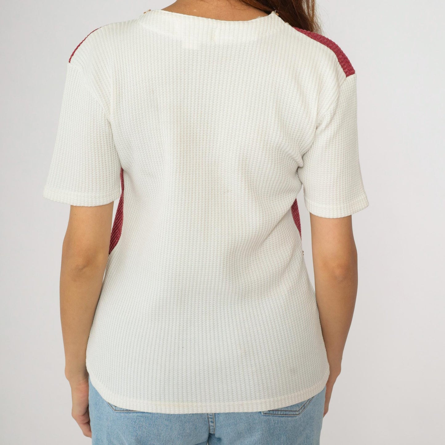 90s White Burgundy Floral Embroidered Knit Top Short Sleeve Medium M