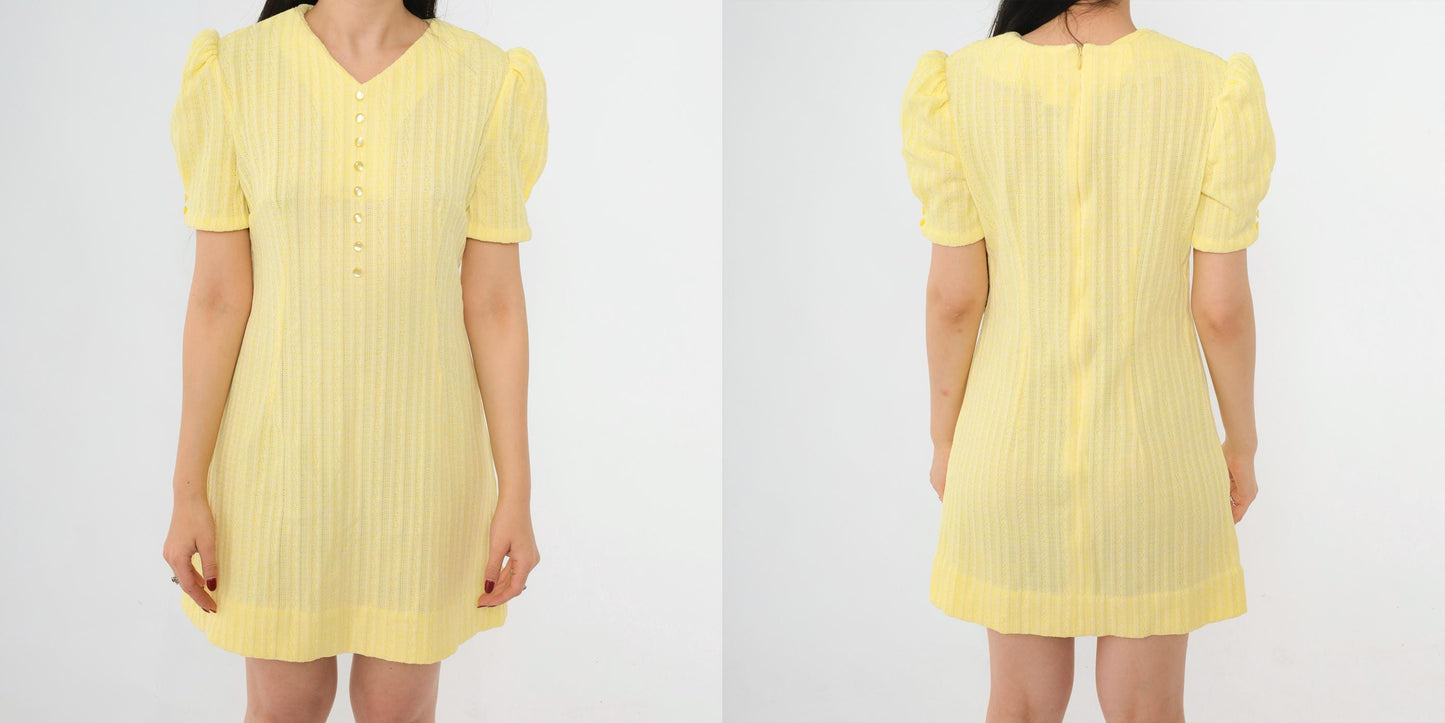 60s Yellow Ribbed Knit Mini Dress Puff Sleeve Shift Small Medium