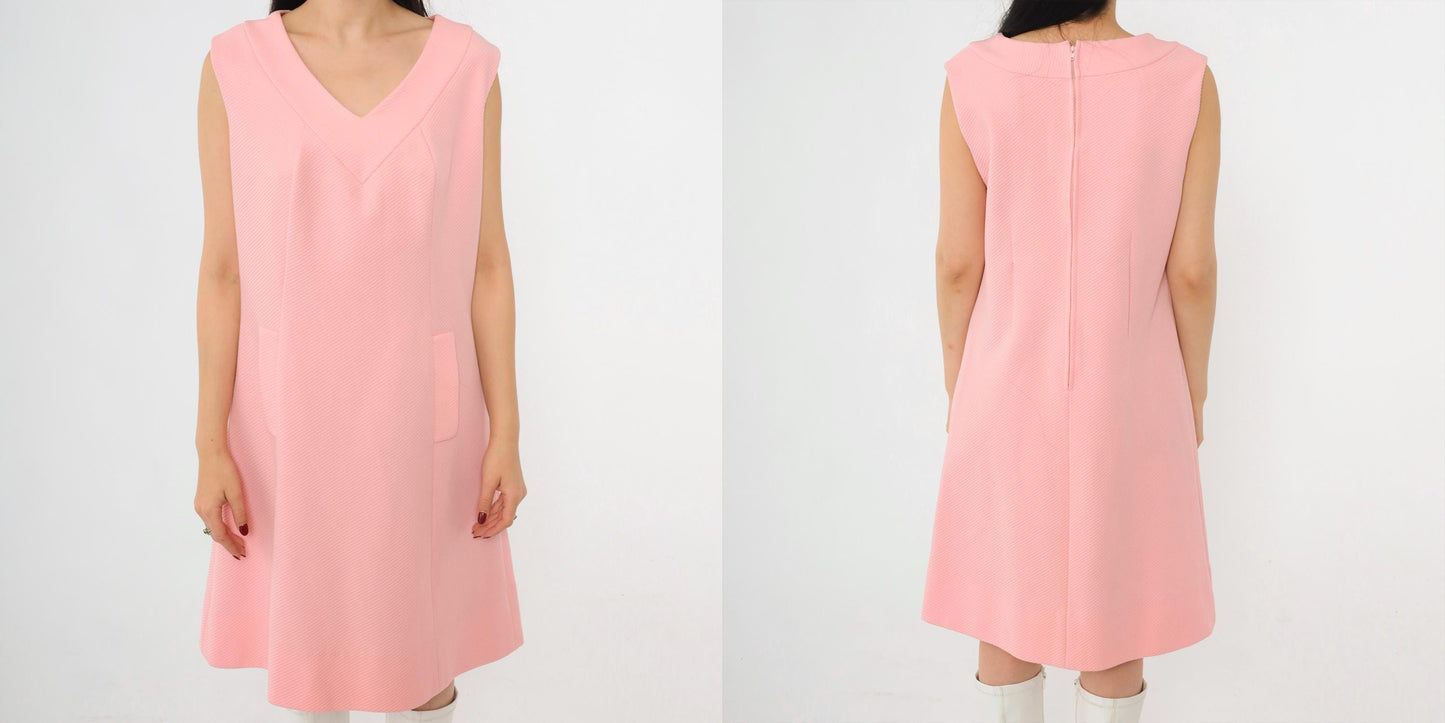 60s Mod Shift Dress Pink Ribbed Knit Sleeveless Mini Medium M
