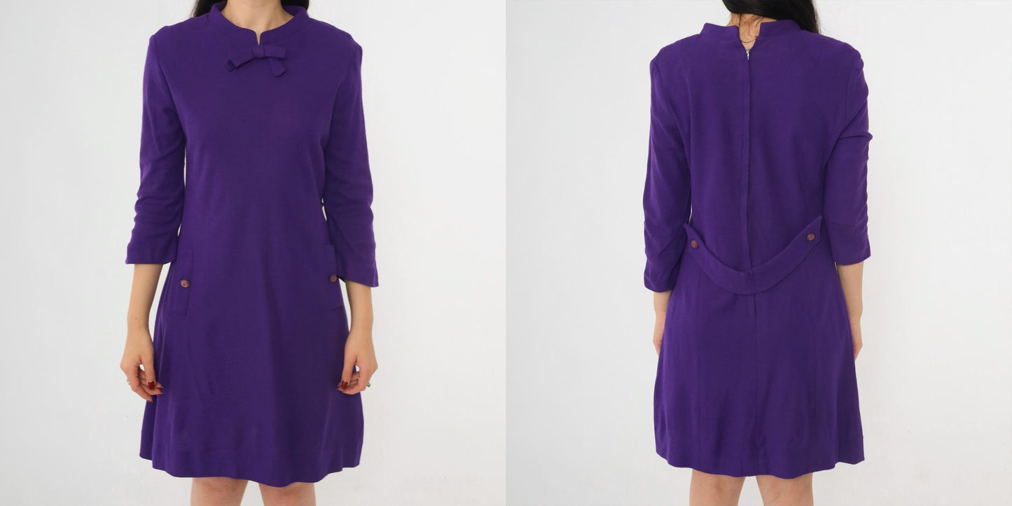 60s Purple Wool Shift Dress Bow Neck Mini 3/4 Sleeve Small