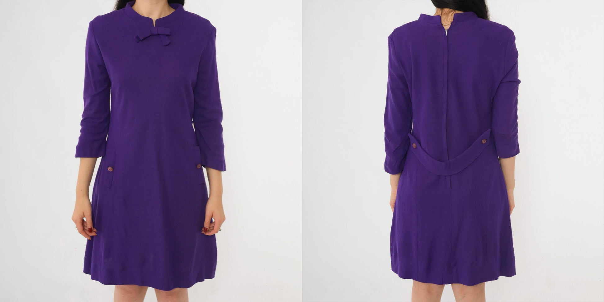 60s Purple Wool Shift Dress Bow Neck Mini 3/4 Sleeve Small