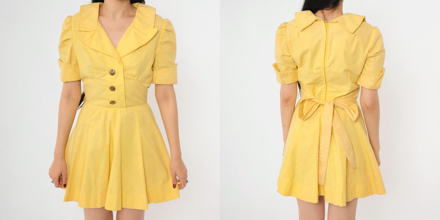 60s Yellow Mod Mini Dress Puff Sleeve Button-Up Collared A-Line Small