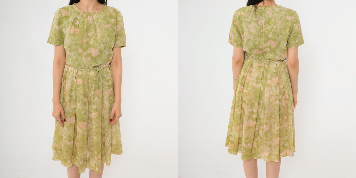 1960s Jean Lang Floral Pleated Day Dress Green Pink Knee-Length Small