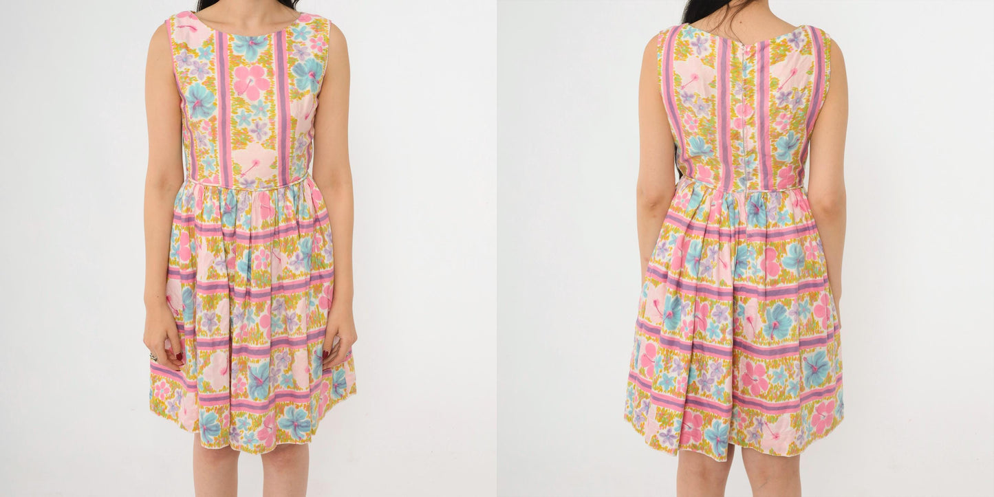 1960s Tropical Floral Mini Dress Pink Blue High Waist Sleeveless Extra Small
