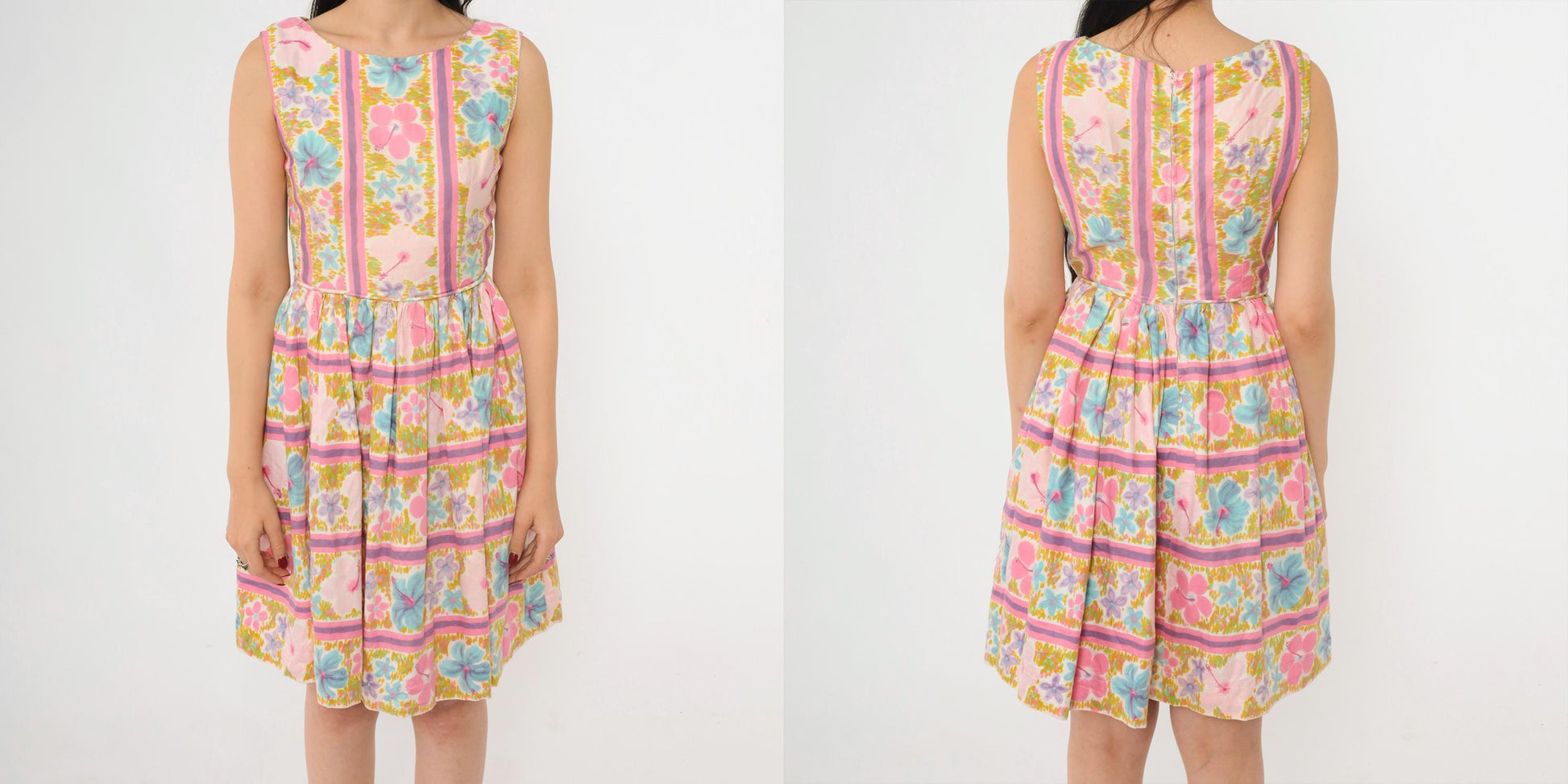 1960s Tropical Floral Mini Dress Pink Blue High Waist Sleeveless Extra Small