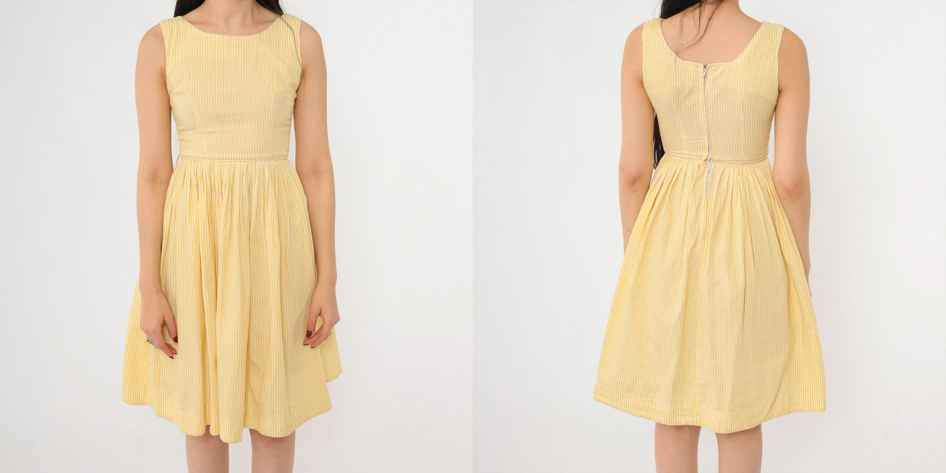 60s Yellow Striped Fit and Flare Mini Dress High Waist Pleated Sleeveless XXS