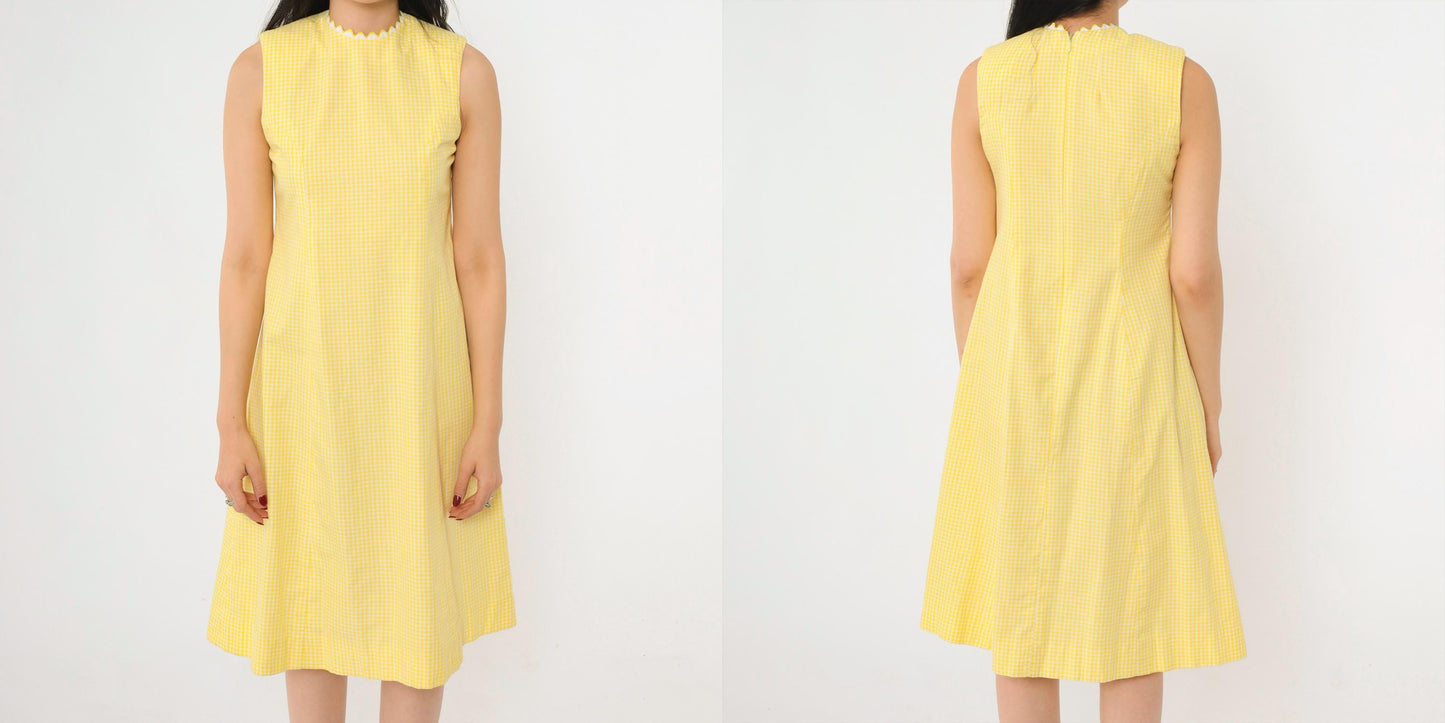 60s Yellow Gingham Sleeveless Dress Ric Rac Trim High Neck A-Line Knee Extra Small