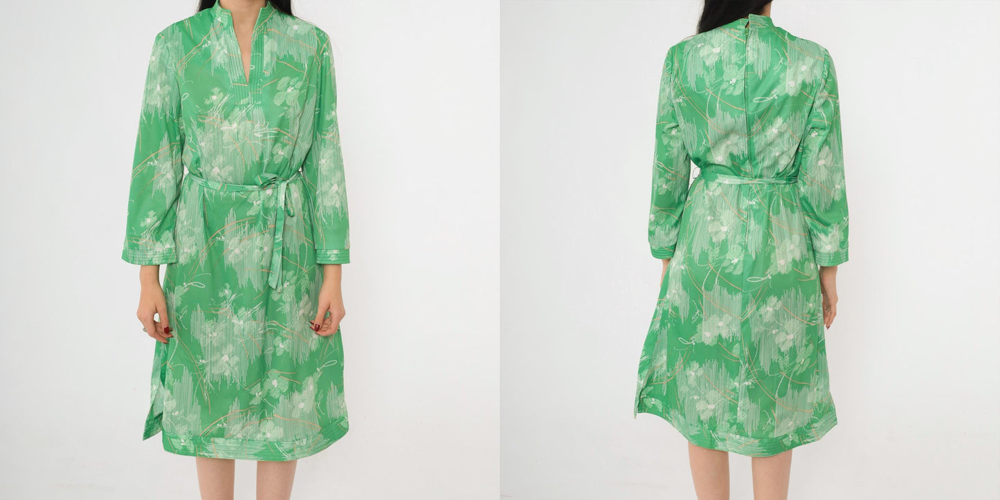 70s Abstract Floral Midi Dress Green Mandarin Collar Side Slit Tie Belt Large