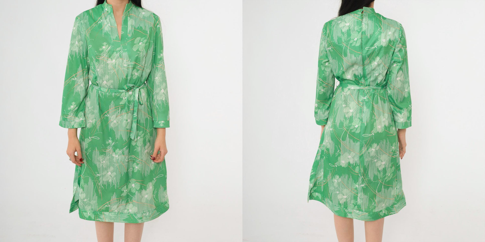 70s Abstract Floral Midi Dress Green Mandarin Collar Side Slit Tie Belt Large