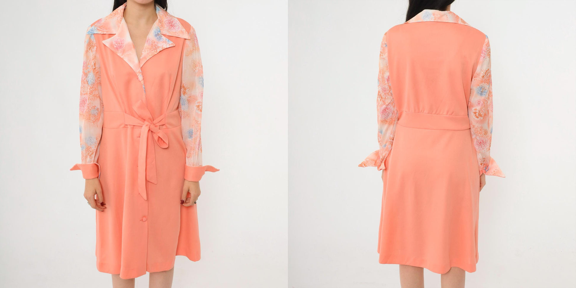 70s Peach Floral Button-Up Midi Dress High Waist Long Sleeve Collared Large L