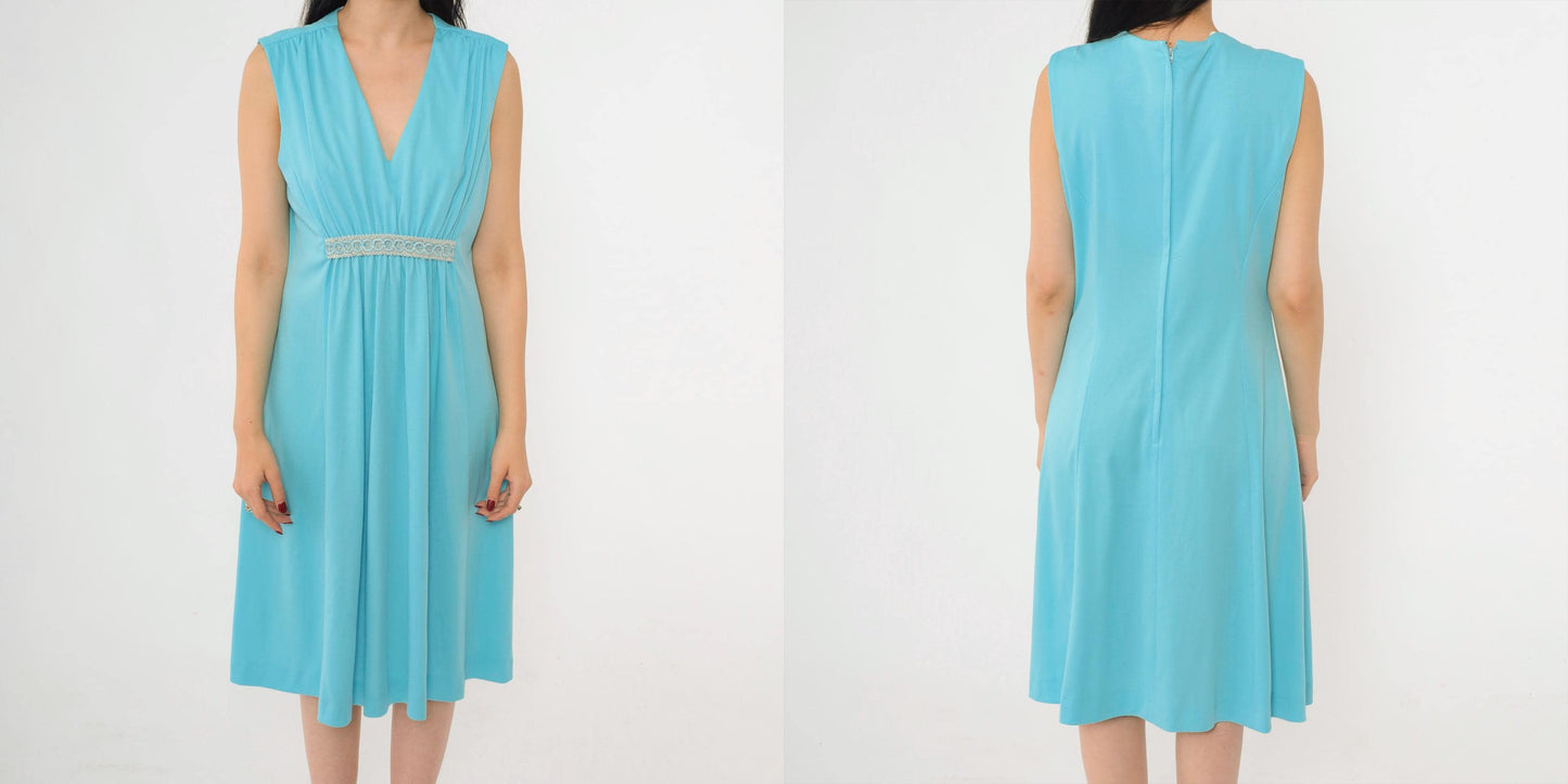 70s Blue Grecian Midi Dress Empire Waist Embroidered V Neck Sleeveless Medium