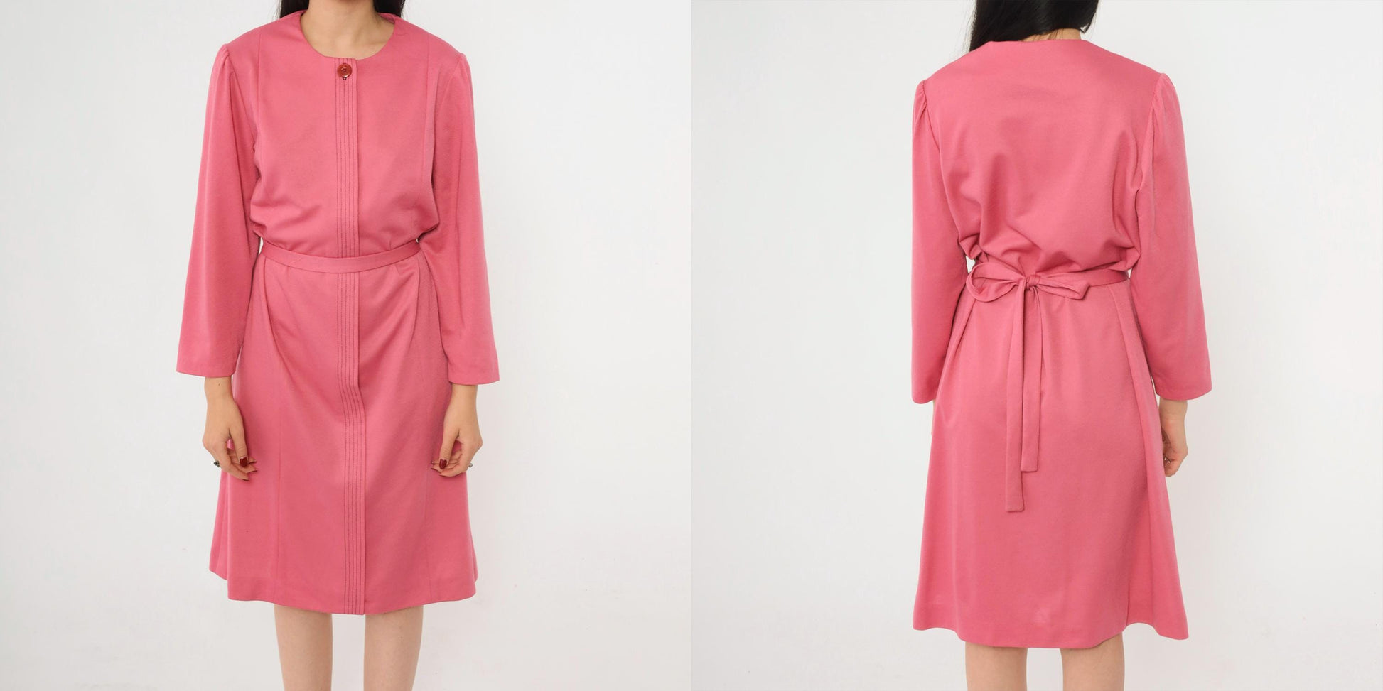 70s Pink Button-Up Shirtdress A-Line Midi Puff Sleeve Tie Belt Large