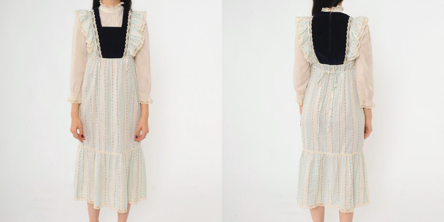 70s Prairie Midi Dress Blue Floral Velvet Bib Lace Ruffle High Neck XXS