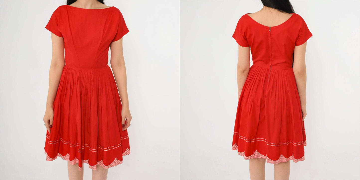 60s Red Pleated Dress Gingham Trim Boatneck Short Sleeve Knee Length Extra Small