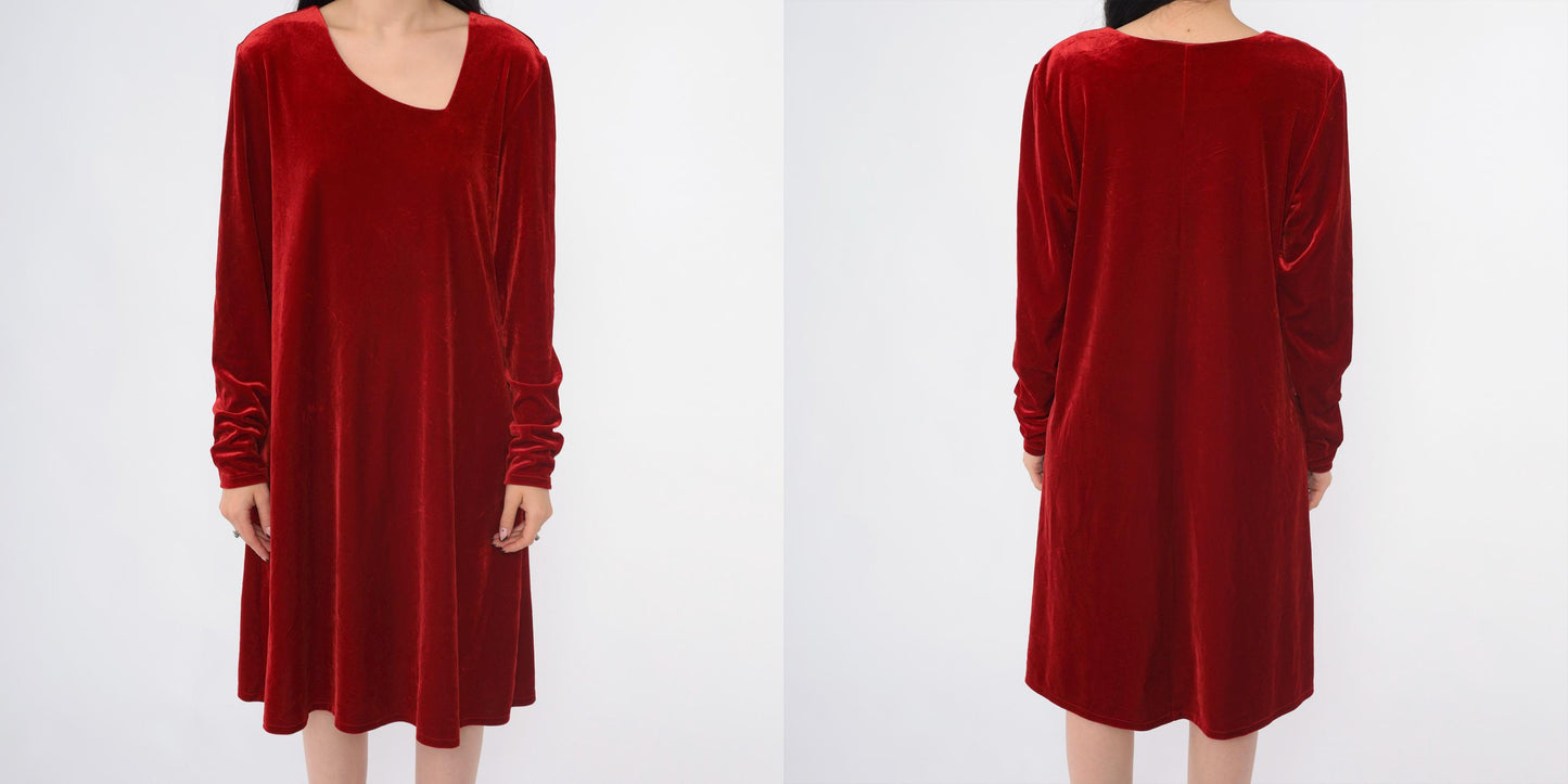 90s Red Velvet Shift Dress Asymmetrical Neckline Long Sleeve Knee Length Medium