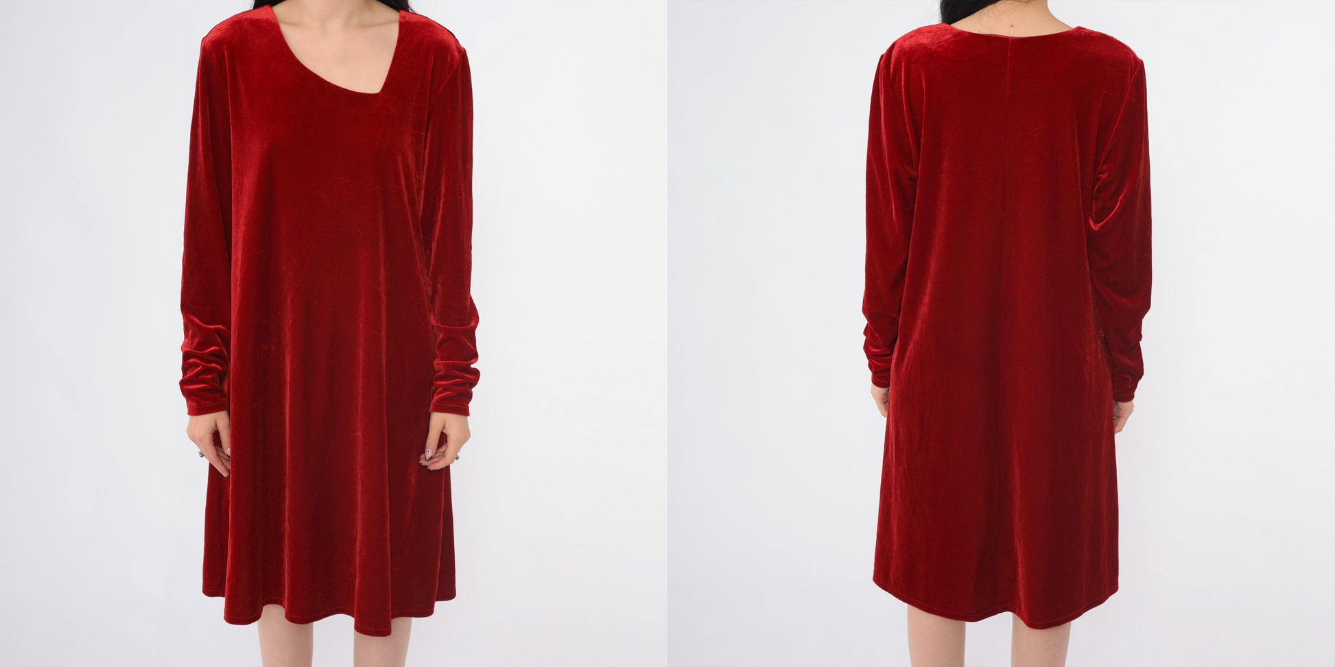 90s Red Velvet Shift Dress Asymmetrical Neckline Long Sleeve Knee Length Medium