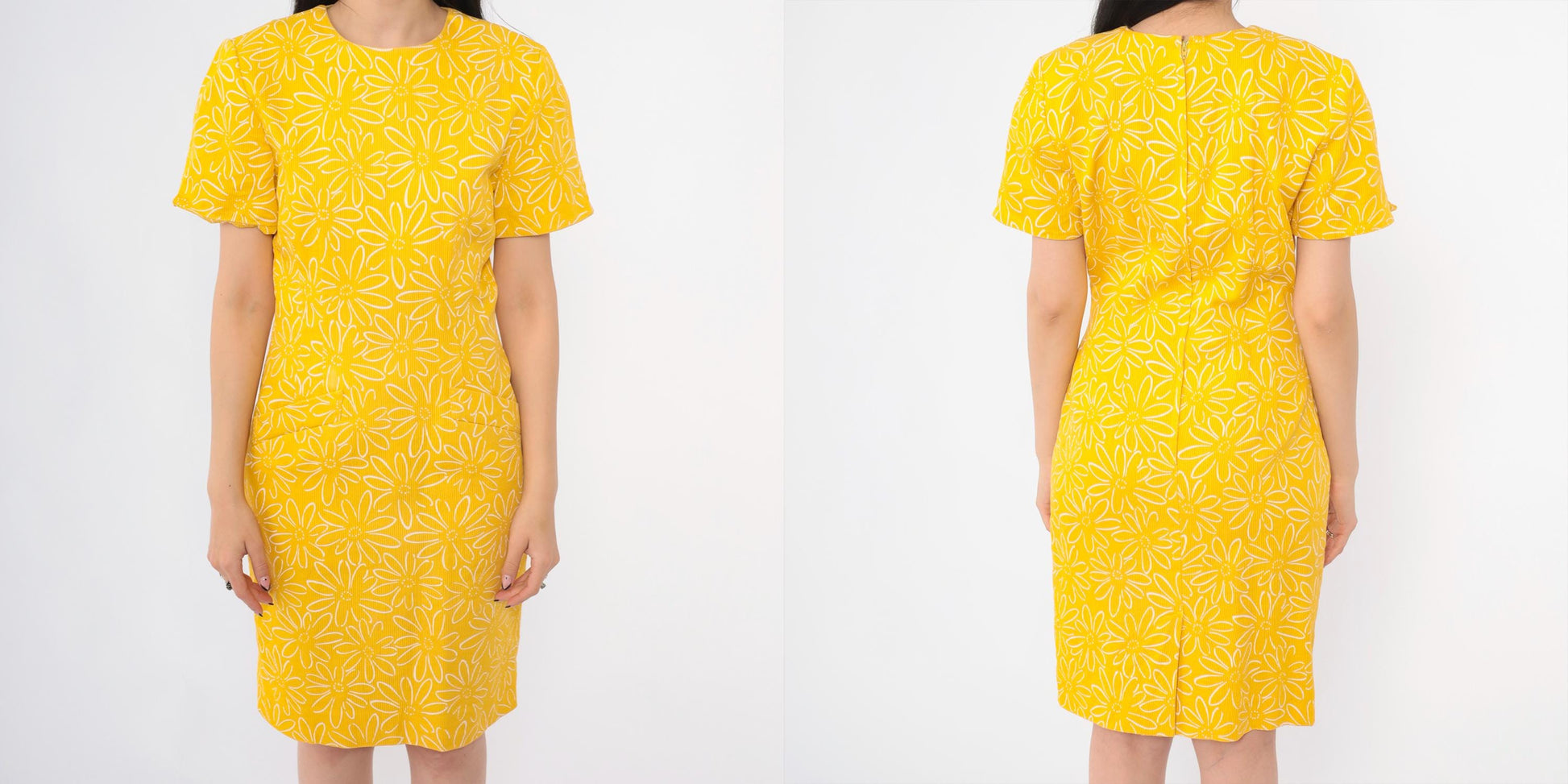 90s Yellow Floral Cotton Sheath Dress Short Sleeve Mini Small 6