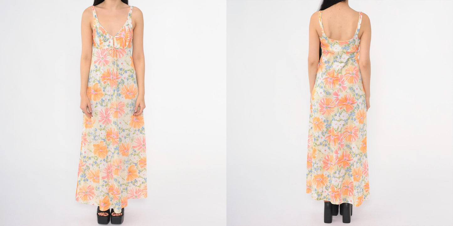 70s Floral Nightgown Maxi Slip Dress White Plunge Neckline Extra Small