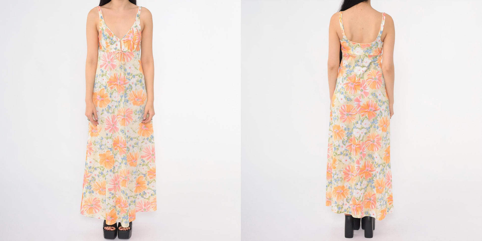 70s Floral Nightgown Maxi Slip Dress White Plunge Neckline Extra Small