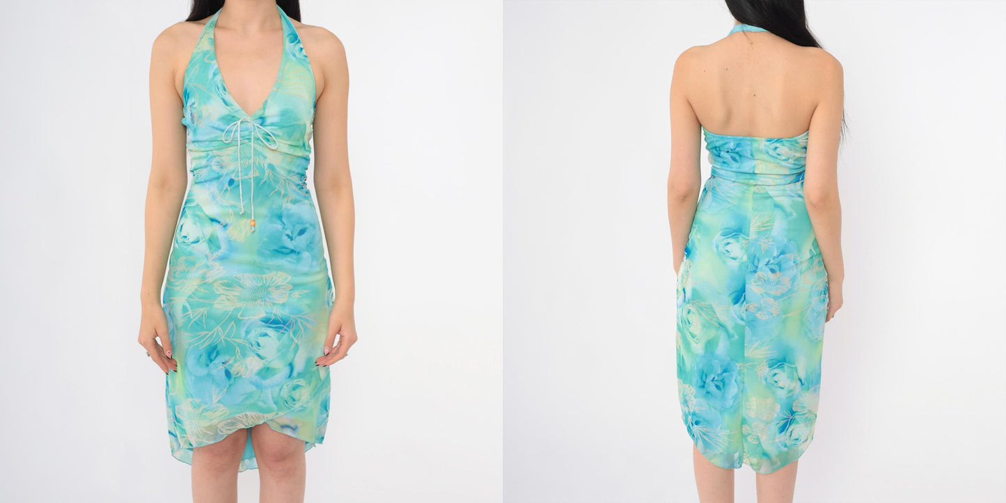 Y2K My Michelle Floral Halter Midi Dress Ombre Green Blue Glitter Small