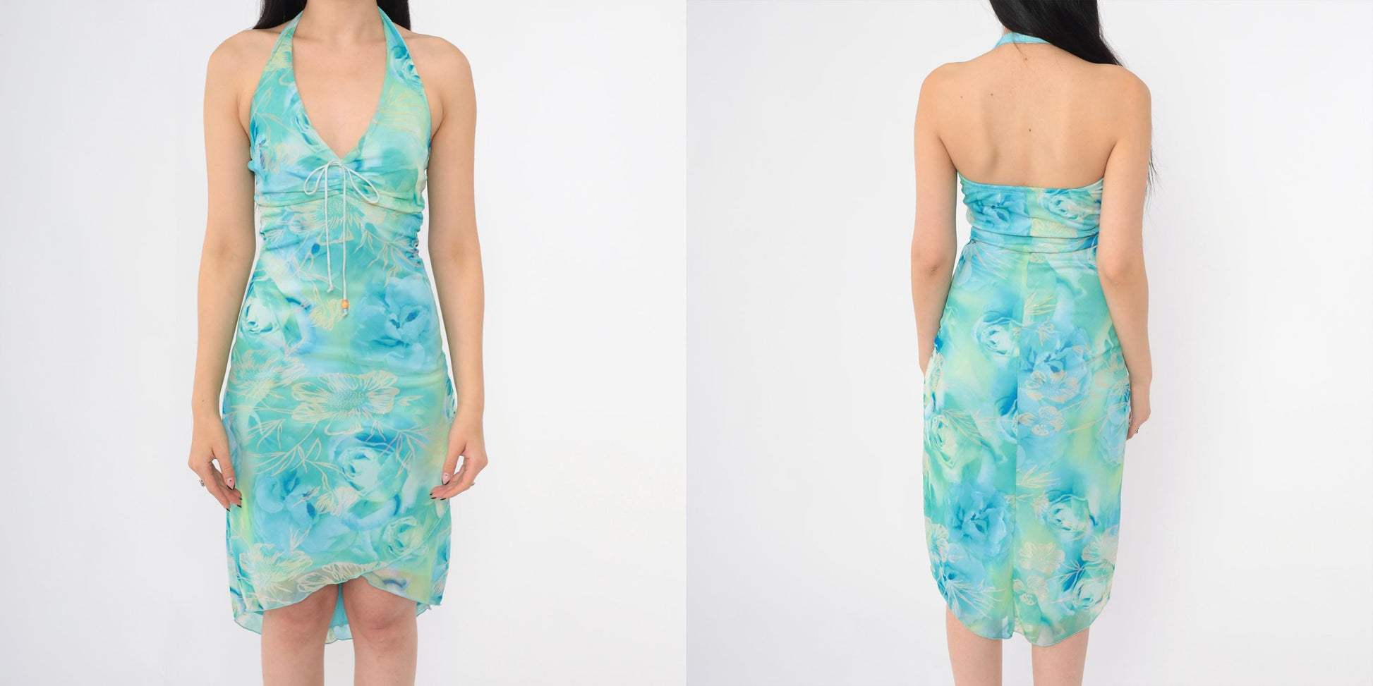 Y2K My Michelle Floral Halter Midi Dress Ombre Green Blue Glitter Small