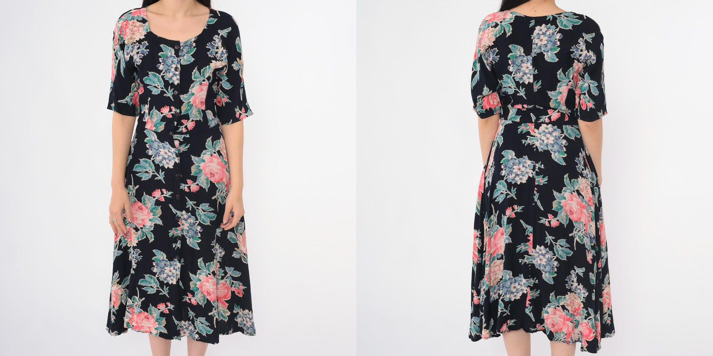 90s Black Floral Midi Dress Button-Up Scoop Neck Short Sleeve Small S