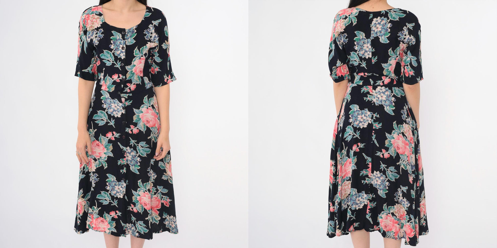 90s Black Floral Midi Dress Button-Up Scoop Neck Short Sleeve Small S