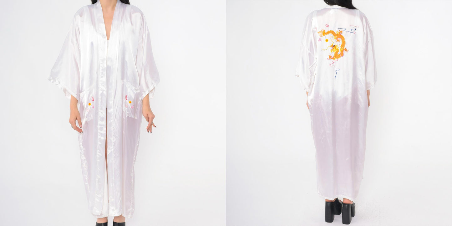 90s Chinese Dragon Embroidered Satin Robe White Wrap Maxi Medium M