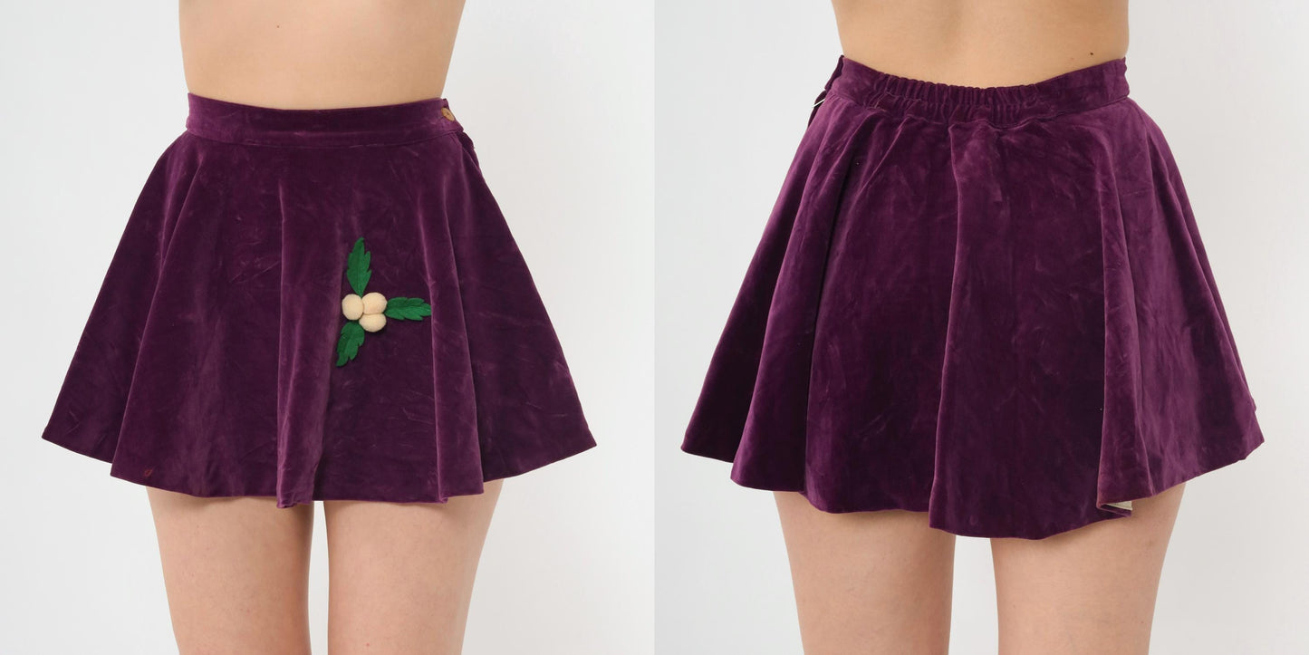 60s Purple Velvet Circle Mini Skirt Appliqué Berries Leaves 2XS