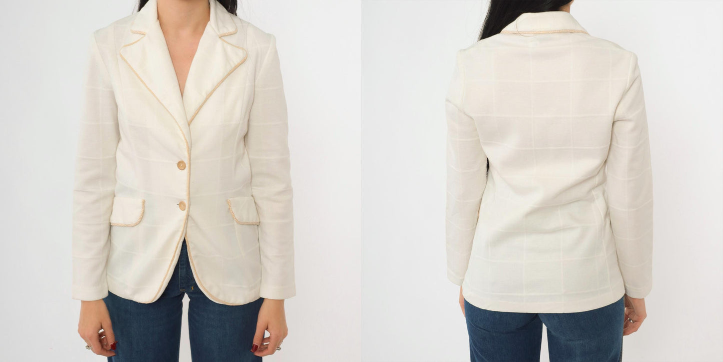 70s White Checkered Blazer Jacket Notched Collar Tan Trim Small