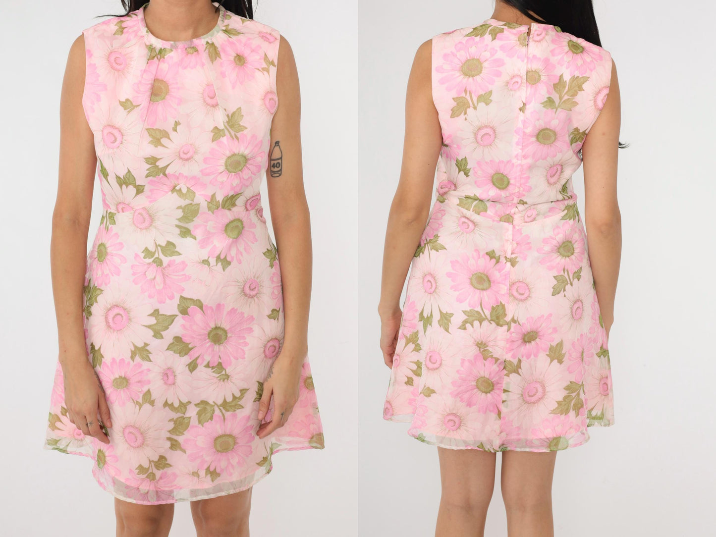 1960s Pink Daisy Floral Mini Dress Empire Waist A-Line Sleeveless Medium 8