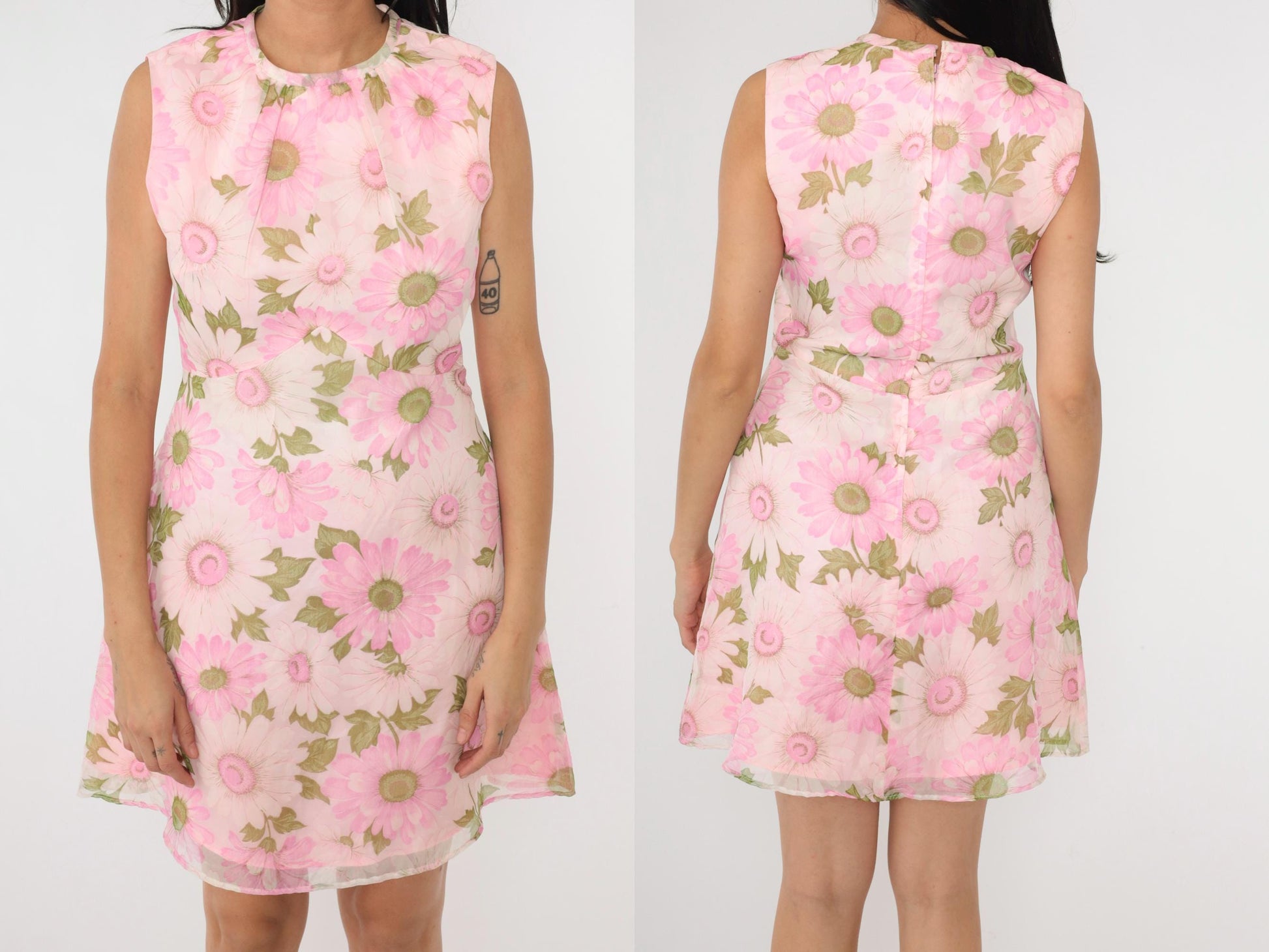 1960s Pink Daisy Floral Mini Dress Empire Waist A-Line Sleeveless Medium 8