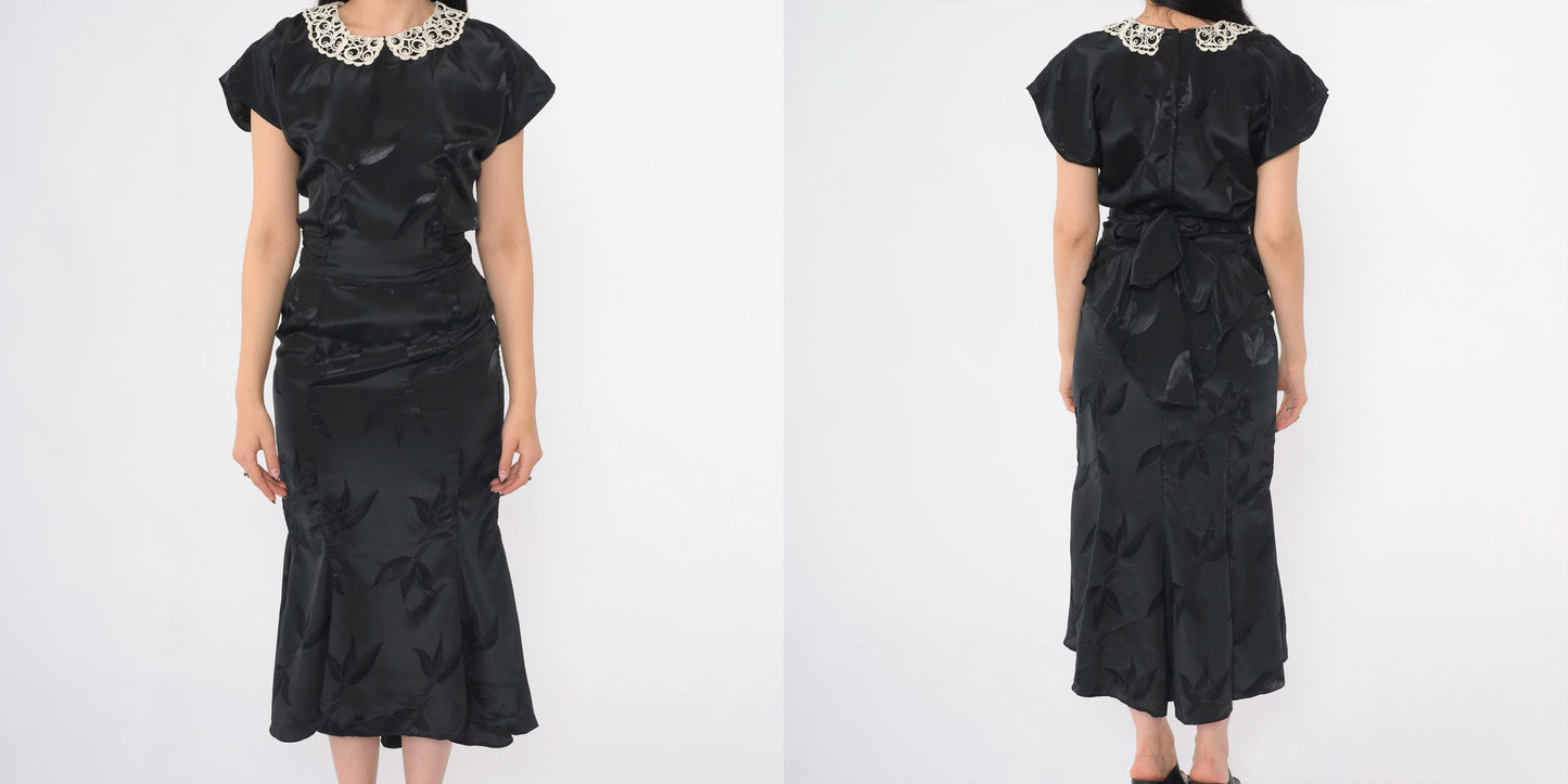 1940s Black Jacquard Midi Dress Peter Pan Collar Cap Sleeve Tie-Back Small