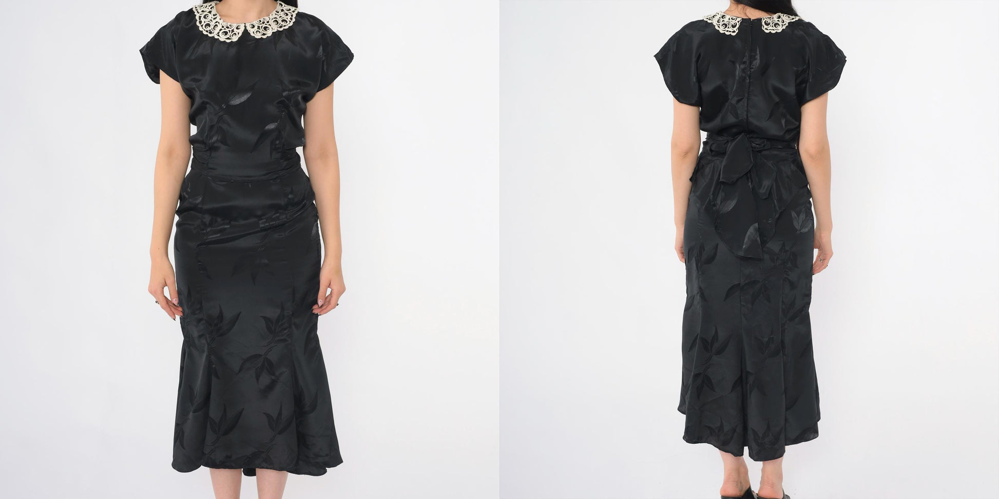 1940s Black Jacquard Midi Dress Peter Pan Collar Cap Sleeve Tie-Back Small